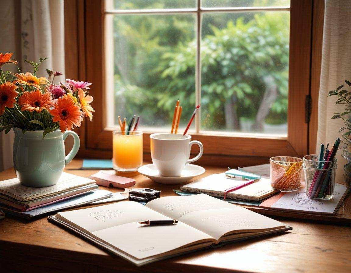 A cozy, sunlit workspace filled with scattered notebooks, colorful pens, and a steaming cup of tea. In the background, a vision board adorned with inspiring quotes and vibrant images showcases the essence of authentic lifestyle blogging. A gentle breeze flows through an open window, rustling the curtains, adding a sense of warmth and inspiration. soft pastel colors. super-realistic. inviting atmosphere.