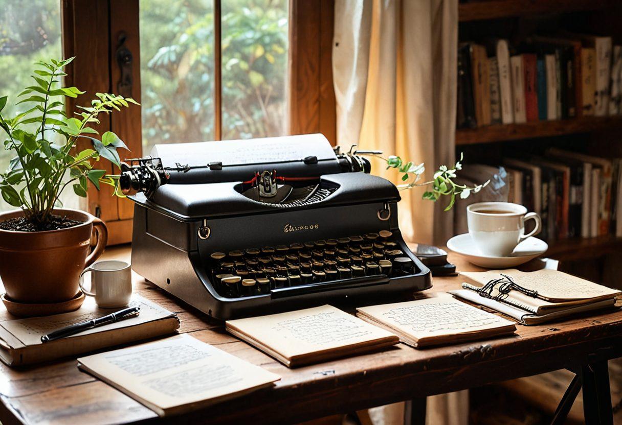 A cozy writing nook with a vintage typewriter, surrounded by scattered notebooks filled with colorful sketches and notes. A warm beam of sunlight filters through a window, highlighting a steaming cup of coffee and a potted plant, symbolizing growth and creativity. In the background, subtle images of different writing styles and literary quotes float like ethereal wisps, inviting inspiration and self-expression. painting. warm tones. inviting atmosphere.