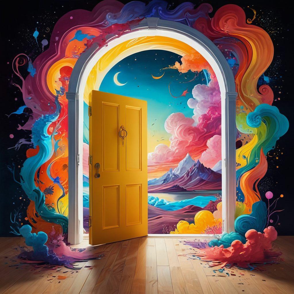 An open door revealing a whimsical landscape filled with swirling colors and abstract shapes that represent creativity. A figure stands at the threshold with a sketchbook, gazing at floating stories and personal insights illustrated as vibrant, glowing symbols. Surround the scene with ethereal light, conveying inspiration and imagination. Capture an inviting, dreamlike atmosphere. surreal art. vibrant colors. 3D.